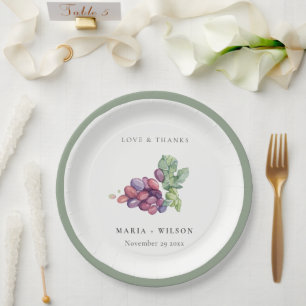 Elegant Watercolor Grape Foliage Rustic Wedding Paper Plate