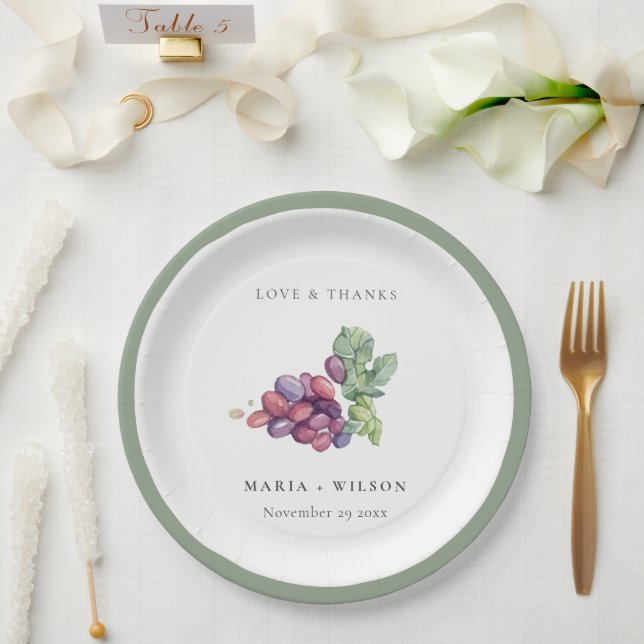 Elegant Watercolor Grape Foliage Rustic Wedding Paper Plate (Wedding)