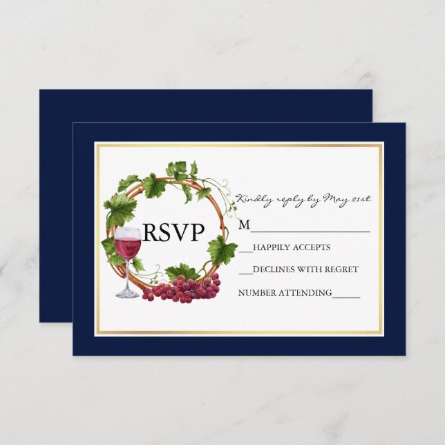 Elegant Watercolor Grape Vines Wreath Blue Wedding RSVP Card (Front/Back)