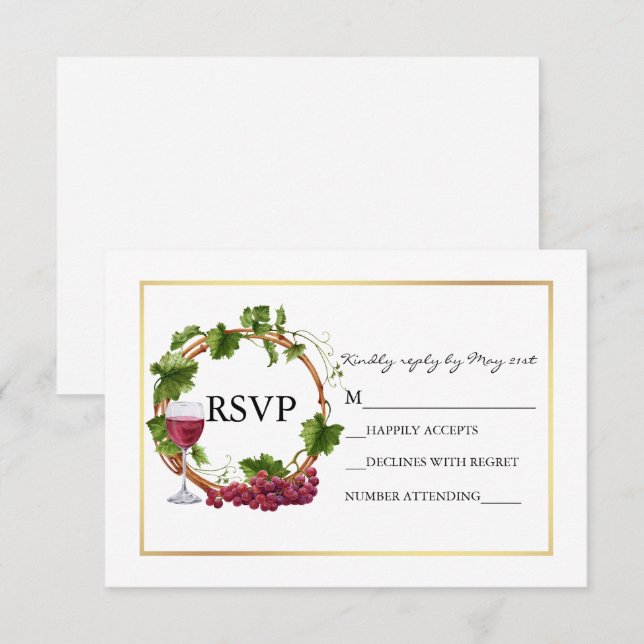 Elegant Watercolor Grape Vines Wreath Gold Wedding RSVP Card (Front/Back)