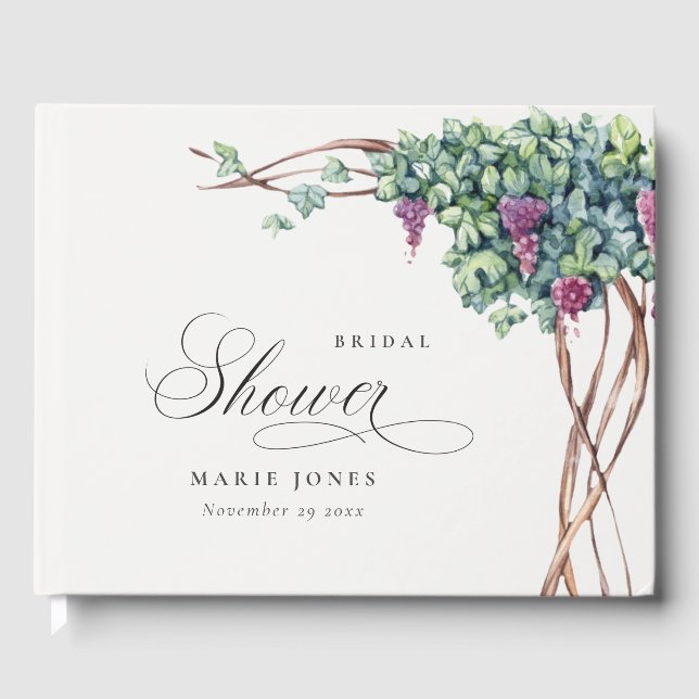 Elegant Watercolor Grapevine Foliage Bridal Shower Guest Book (Front)