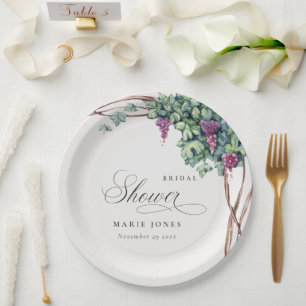 Elegant Watercolor Grapevine Foliage Bridal Shower Paper Plate