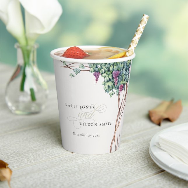 Elegant Watercolor Grapevine Foliage Wedding Paper Cups (Insitu)