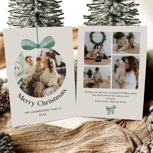 Elegant Watercolor Green Bow Christmas Five Photo Holiday Card