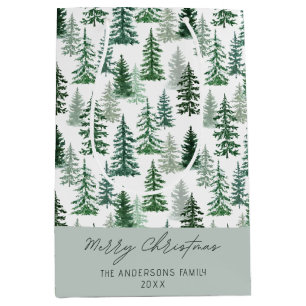 Elegant Watercolor Green Forest Merry Christmas Medium Gift Bag