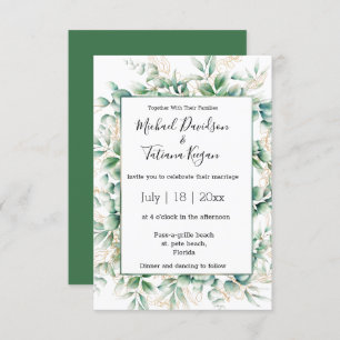 elegant  watercolor green gold leaves wedding  invitation