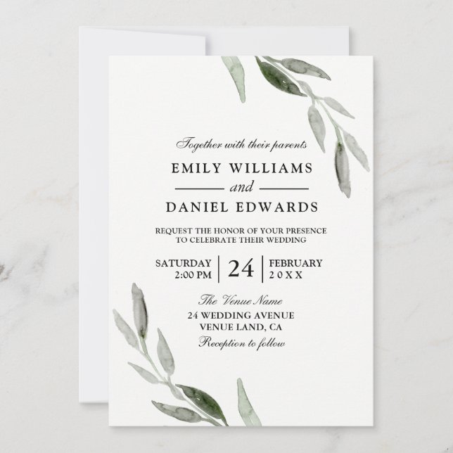 Elegant Watercolor Green Leaf Greenery Wedding Invitation (Front)