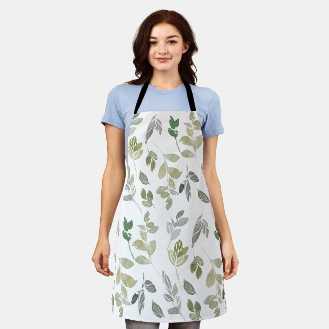 Elegant Watercolor Green Leaf Pattern  Apron (Worn)