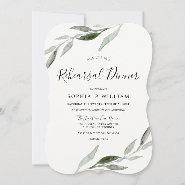 Elegant Watercolor Green Leaf Rehearsal Dinner Invitation (Front)