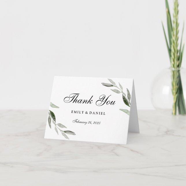 Elegant Watercolor Green Leaf Thank You Card (Front)