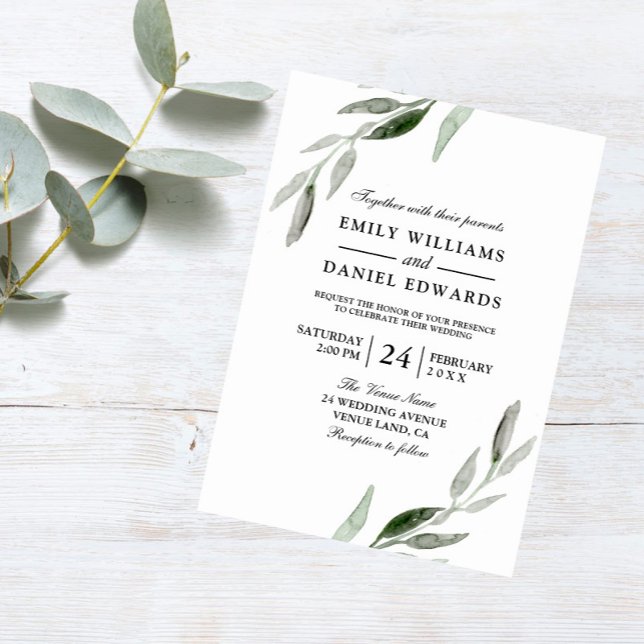 Elegant Watercolor Green Leaf Wedding Invite (Creator Uploaded)