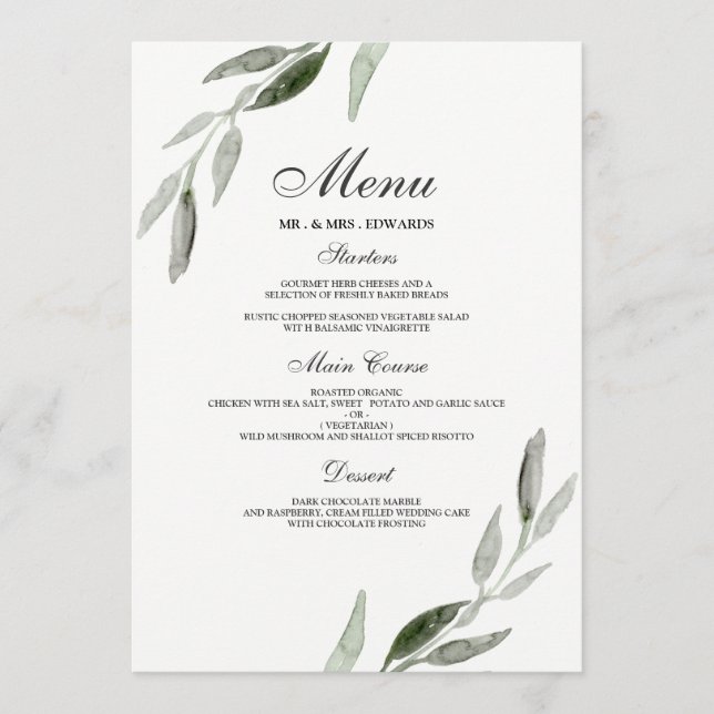 Elegant Watercolor Green Leaf Wedding Menu (Front)