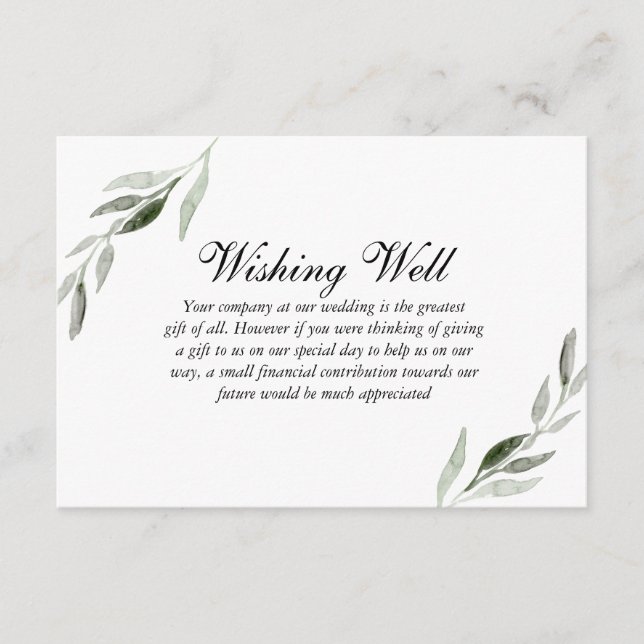 Elegant Watercolor Green Leaf Wedding Wishing Well Enclosure Card (Front)
