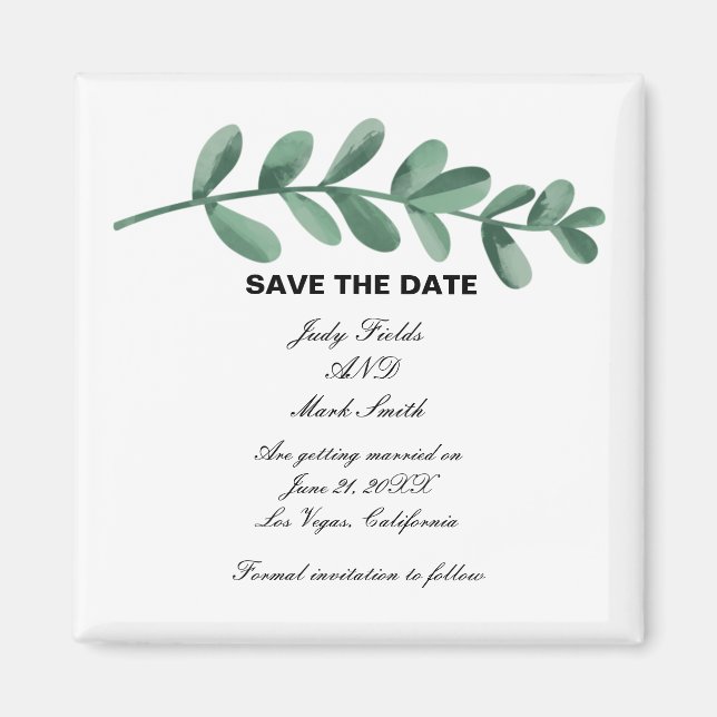 Elegant Watercolor Green Leaves Save The Date Magnet (Front)