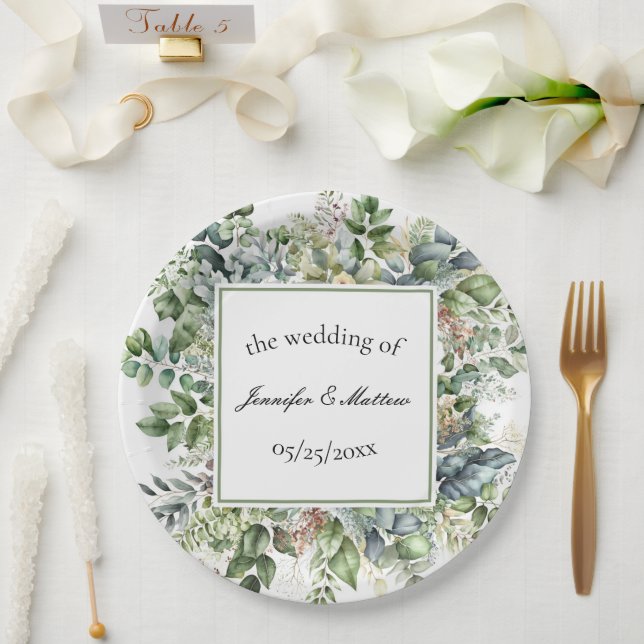 Elegant Watercolor Green Leaves Wedding  Paper Plate (Wedding)