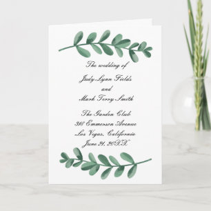 Elegant Watercolor Green Leaves Wedding Program Card