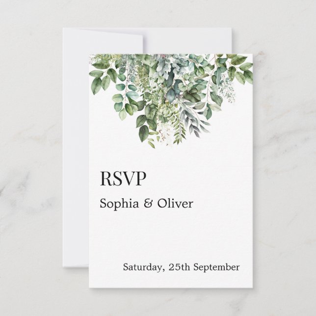 Elegant Watercolor Green Leaves Wedding RSVP Card (Front)