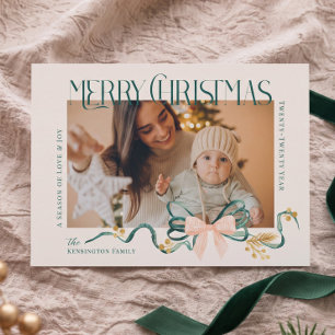 Elegant Watercolor Green Pink Bow Christmas Photo Holiday Card