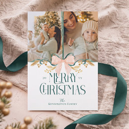 Elegant Watercolor Green Pink Bow Christmas Photo Holiday Card