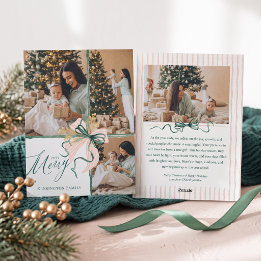 Elegant Watercolor Green Pink Bow Christmas Photo Holiday Card