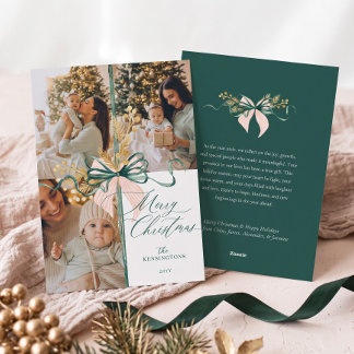 Elegant Watercolor Green Pink Bow Christmas Photo Holiday Card
