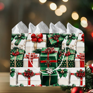 Elegant Watercolor Green White Christmas Presents Large Gift Bag