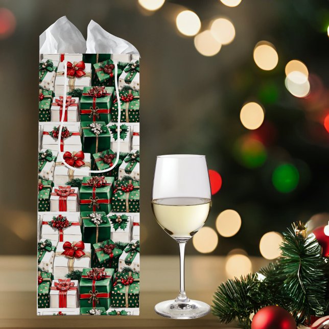 Elegant Watercolor Green White Christmas Presents Wine Gift Bag (Creator Uploaded)