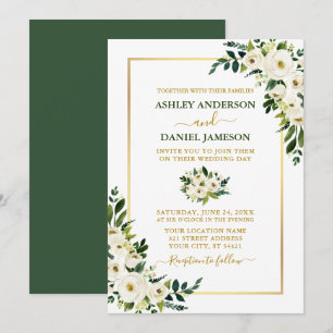 Elegant Watercolor Green White Floral Gold Wedding Invitation