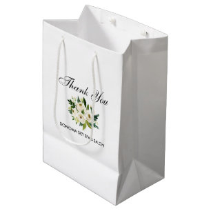 Elegant Watercolor Green White Floral Thank You Medium Gift Bag