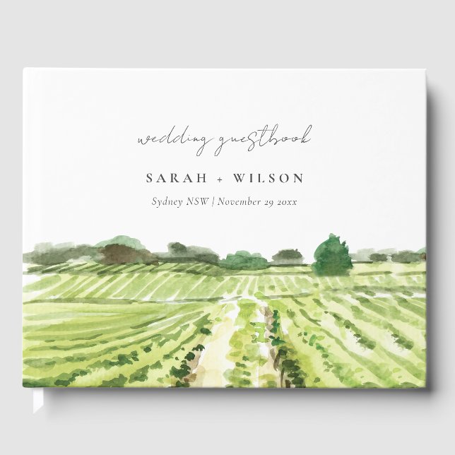 Elegant Watercolor Green Winery Vineyard Wedding  Guest Book (Front)