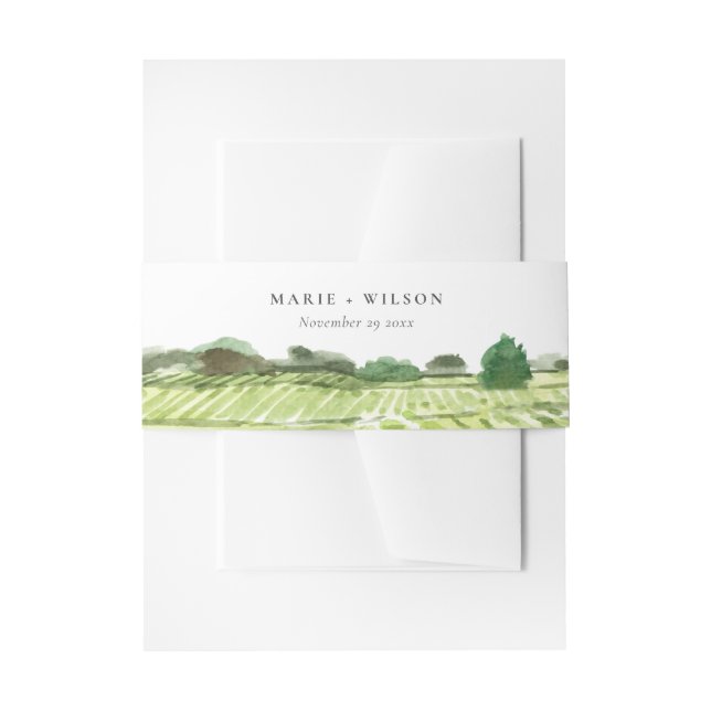 Elegant Watercolor Green Winery Vineyard Wedding Invitation Belly Band (Front Example)