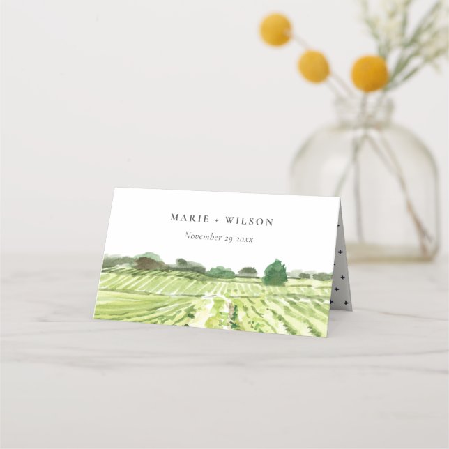 Elegant Watercolor Green Winery Vineyard Wedding Place Card (Front)