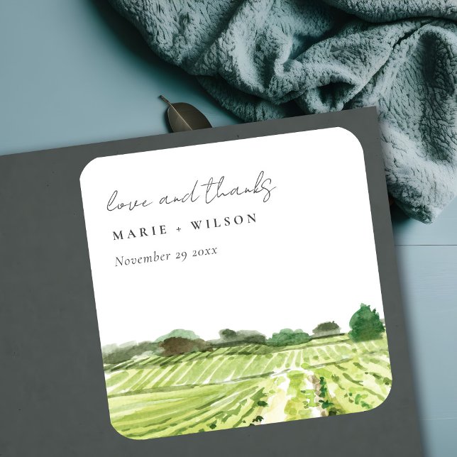 Elegant Watercolor Green Winery Vineyard Wedding Square Sticker (Creator Uploaded)