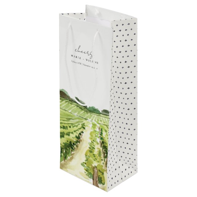 Elegant Watercolor Green Winery Vineyard Wedding Wine Gift Bag (Back Angled)