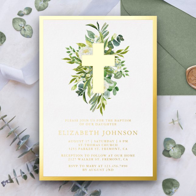 Elegant Watercolor Greenery Baptism Gold (Creator Uploaded)