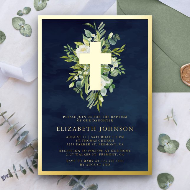 Elegant Watercolor Greenery Baptism Navy Blue Gold (Creator Uploaded)