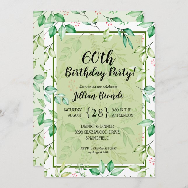 Elegant Watercolor Greenery Birthday Invitations (Front/Back)