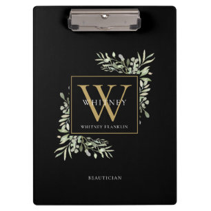 Elegant Watercolor Greenery Black Gold Monogram Clipboard