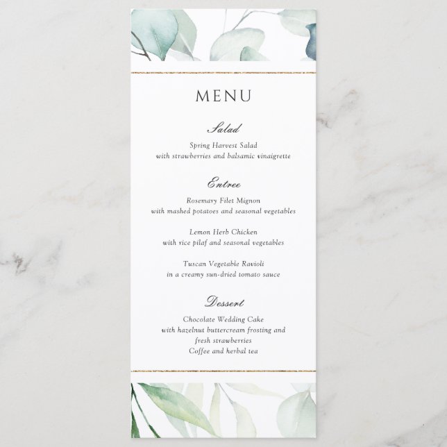Elegant Watercolor Greenery Botanical Wedding Menu (Front)