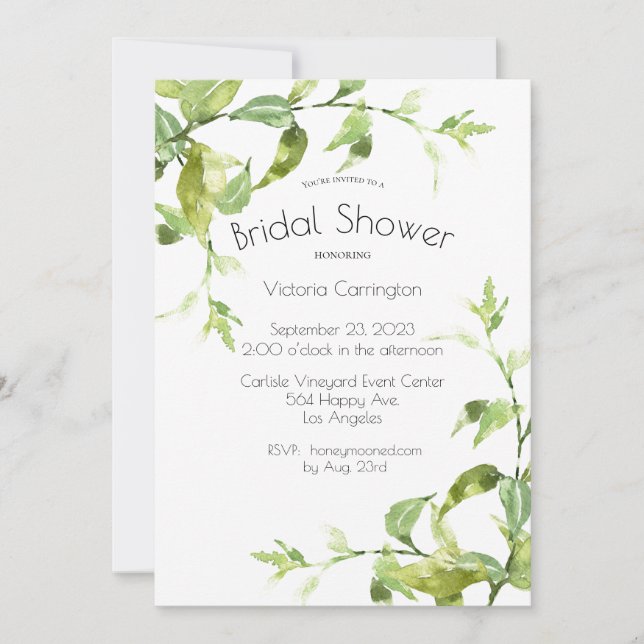 Elegant Watercolor Greenery Bridal Shower Invitation (Front)