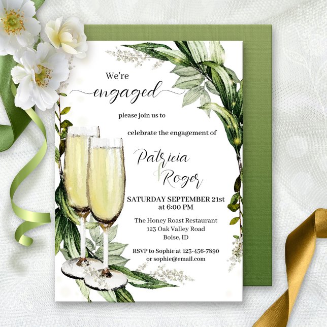 Elegant Watercolor Greenery Champagne Engagement Invitation (Creator Uploaded)