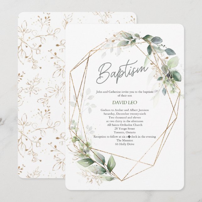 Elegant, Watercolor, Greenery, Christening Invitation (Front/Back)