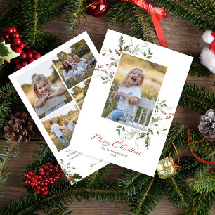Elegant Watercolor Greenery Christmas 5 Photo Holiday Card