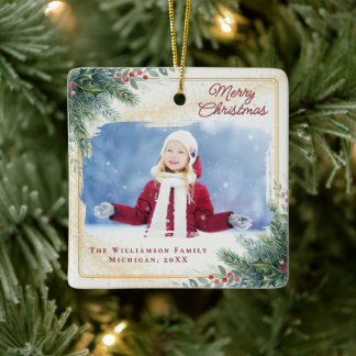 Elegant Watercolor Greenery Christmas Photo Ceramic Ornament