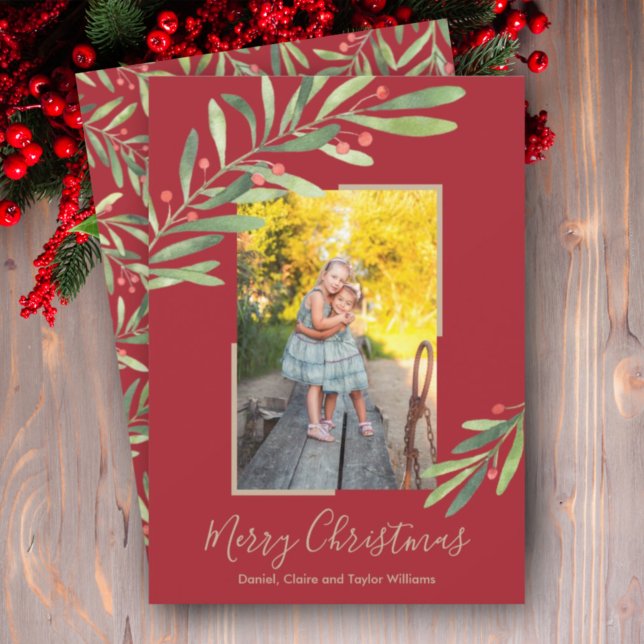 Elegant Watercolor Greenery Christmas Photo Holiday Card (Creator Uploaded)