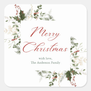 Elegant Watercolor Greenery Christmas Square Sticker