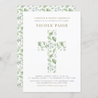 Elegant Watercolor Greenery Cross Baptism
