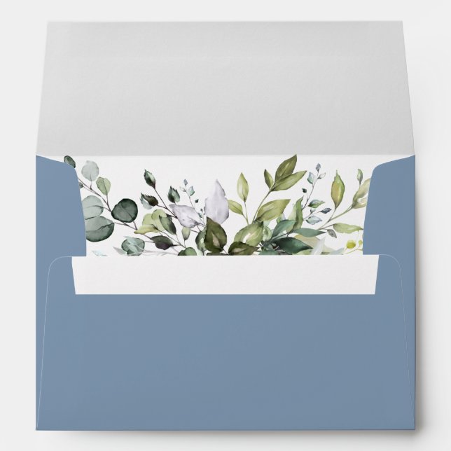 Elegant Watercolor Greenery Dusty Blue Wedding Envelope (Back (Bottom))