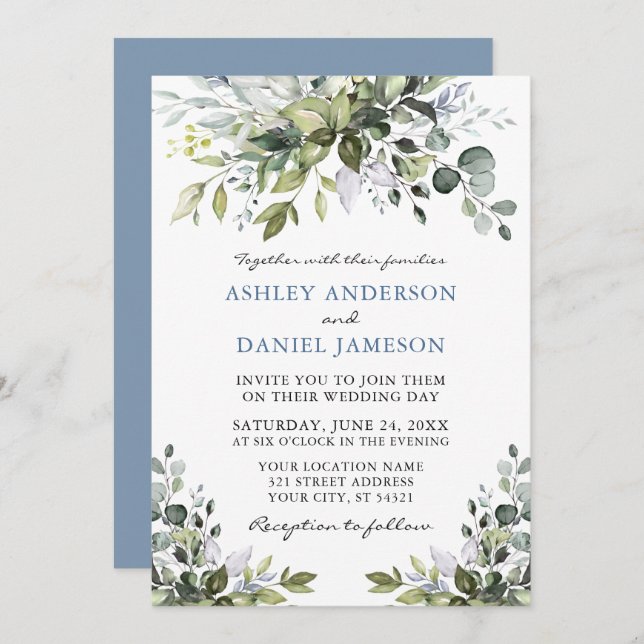 Elegant Watercolor Greenery Dusty Blue Wedding Invitation (Front/Back)