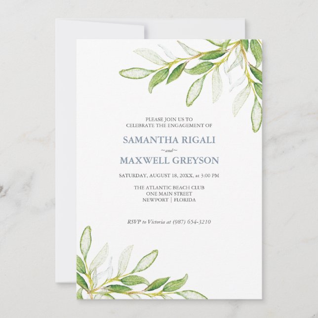 Elegant Watercolor Greenery Engagement Party (Front)